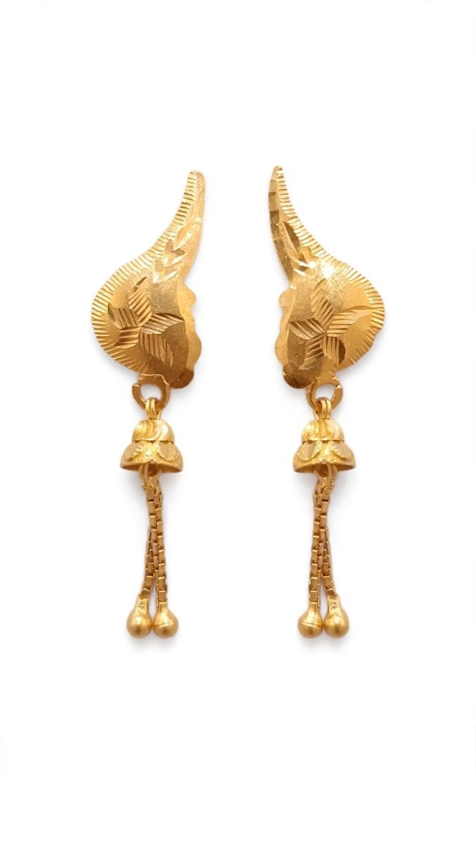 Textured Flame Motif Gold Drop Earrings with Tassels
