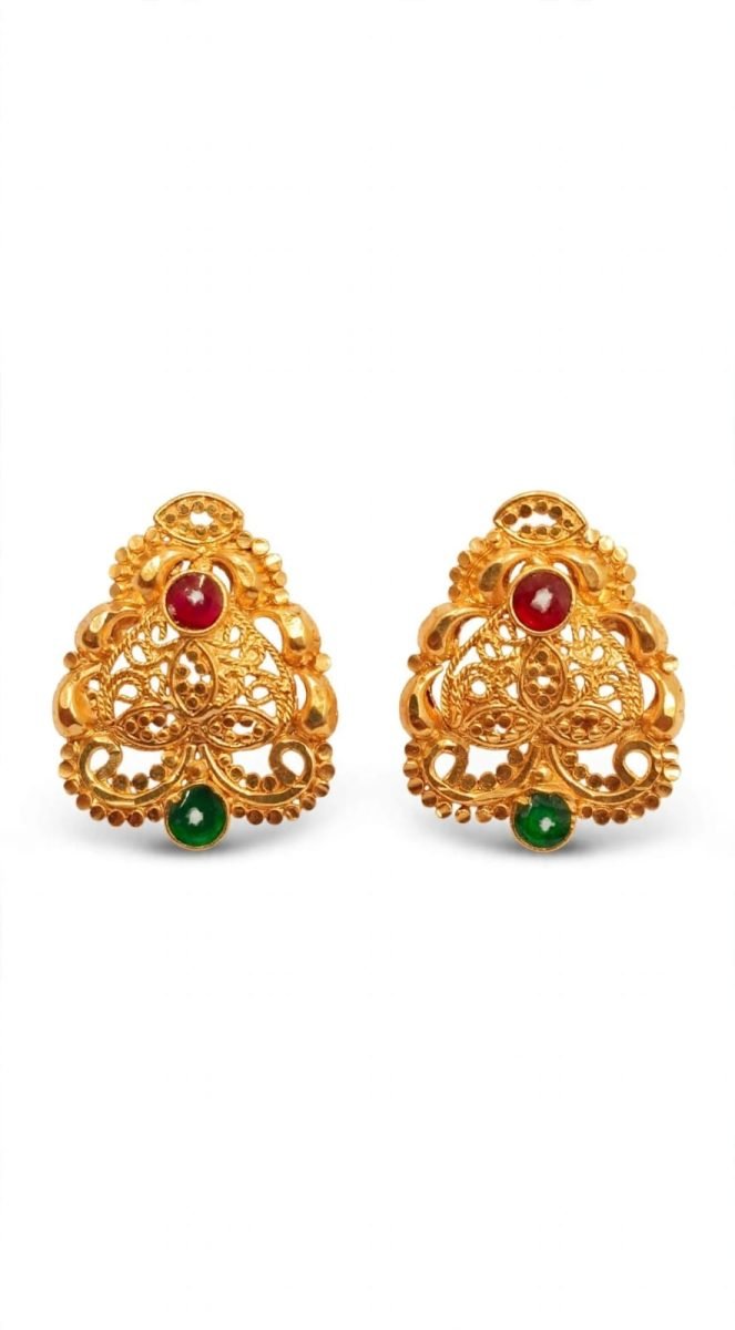 Regal Filigree Gold Stud Earrings with Ruby & Emerald Glass Accents