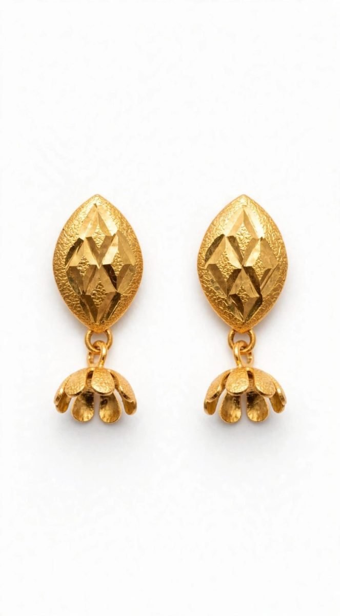 Textured marquise-shaped gold tops with diamond-cut facets and dangling bell-flower caps.