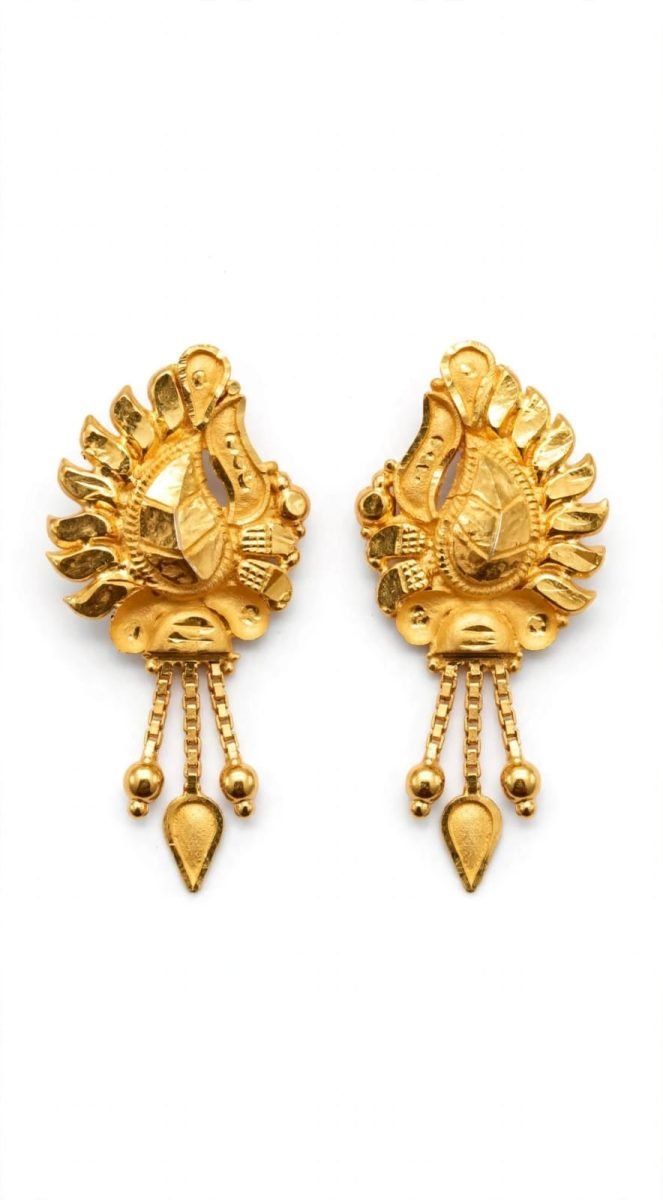 Traditional Peacock Motif Gold Drop Earrings with Chain Dangles