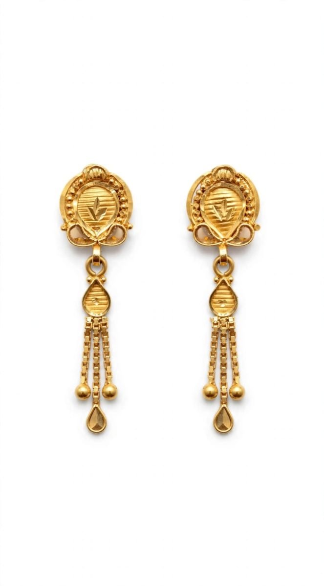 Delicate Floral Motif Gold Drop Earrings with Tassel Chains