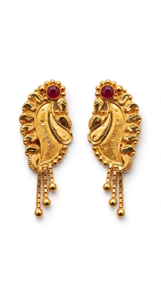 Regal Paisley Gold Drop Earrings with Ruby Glass Accent