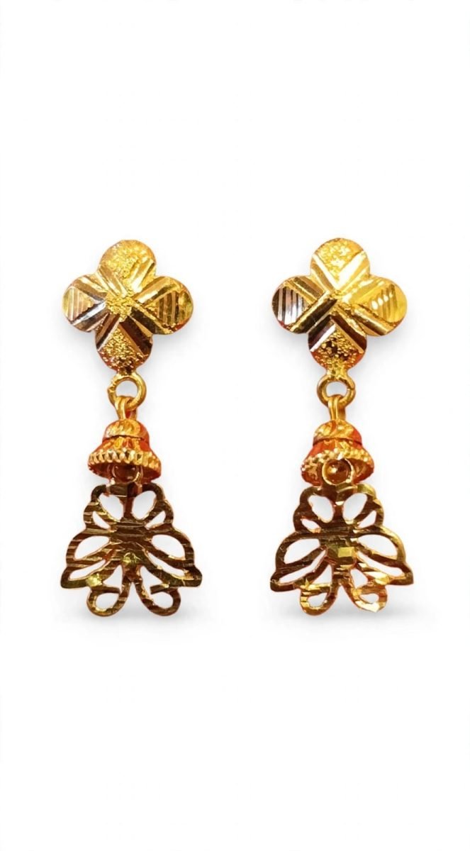 Four-Leaf Floral Gold Drop Earrings with Lattice Tassel Dangles