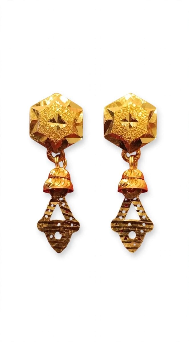 Geometric Hexagonal Gold Drop Earrings with Openwork Tassels