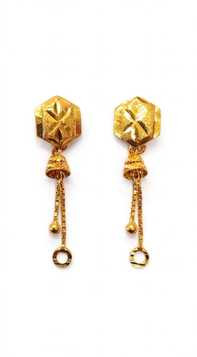 Hexagonal Star Gold Drop Earrings with Dual Chain Tassels