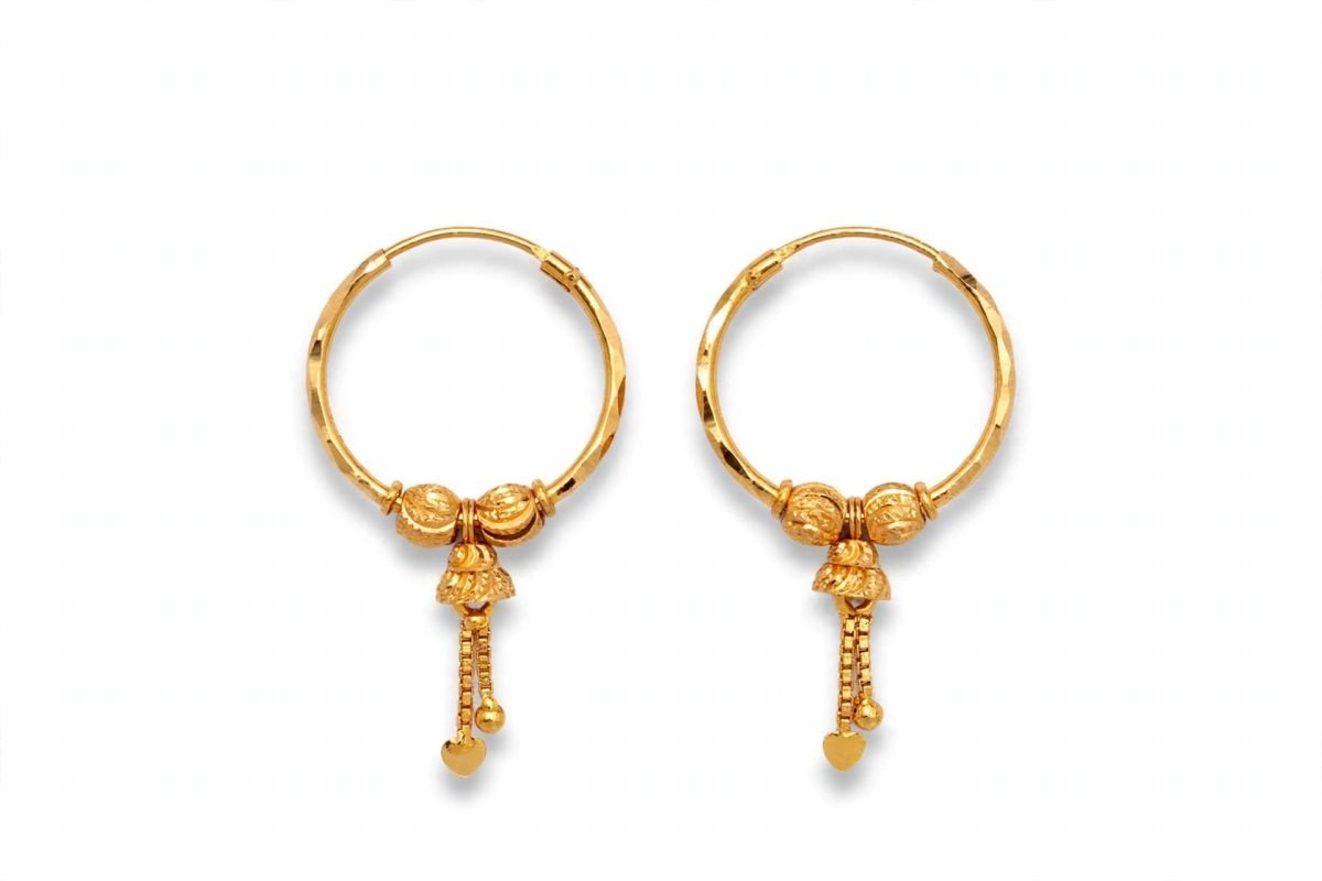 Textured Gold Hoop Earrings with Jhumka Drop Tassels