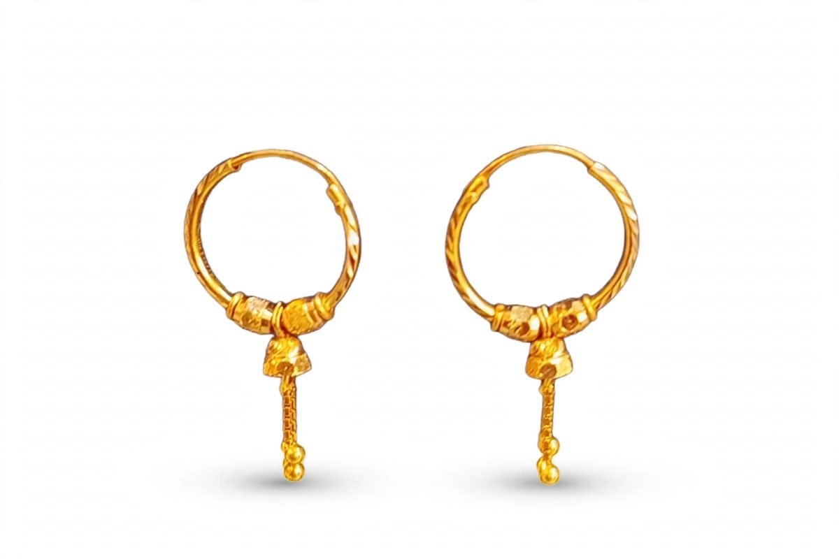 Textured Gold Hoop Earrings with Mini Bell Drop Tassels