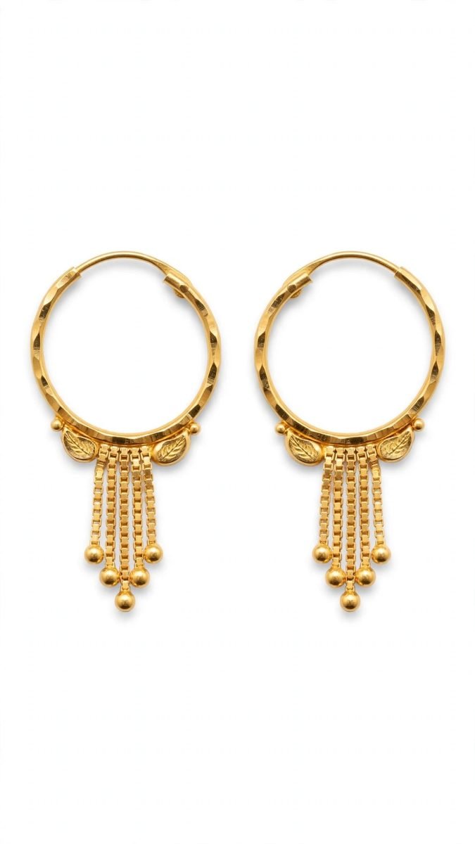 Leaf Motif Gold Hoop Earrings with Multi-Strand Tassels