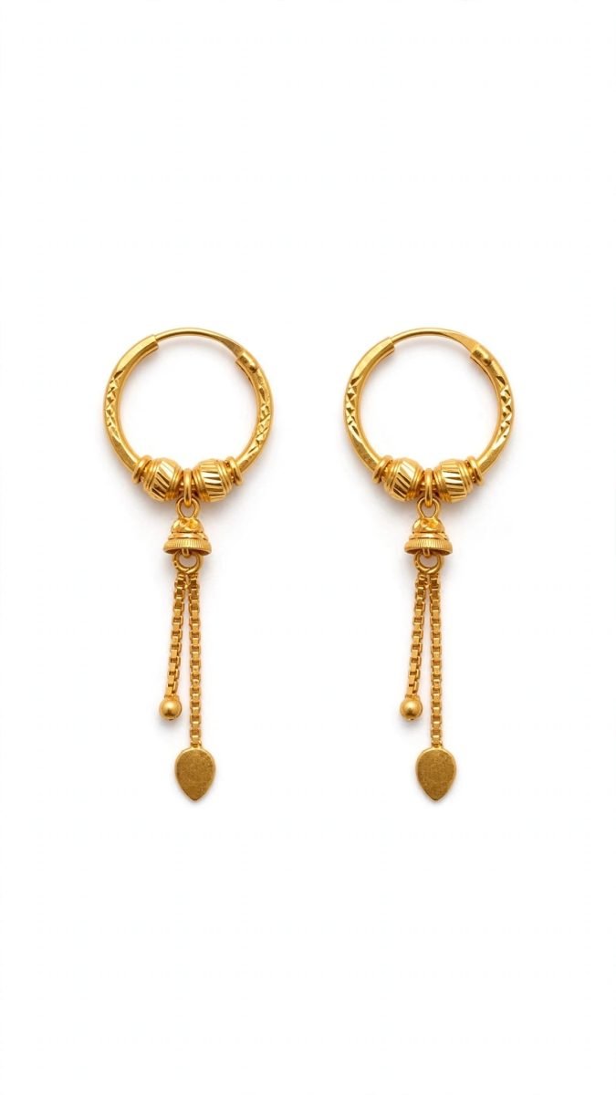 Textured Gold Hoop Earrings with Elongated Drop Tassels