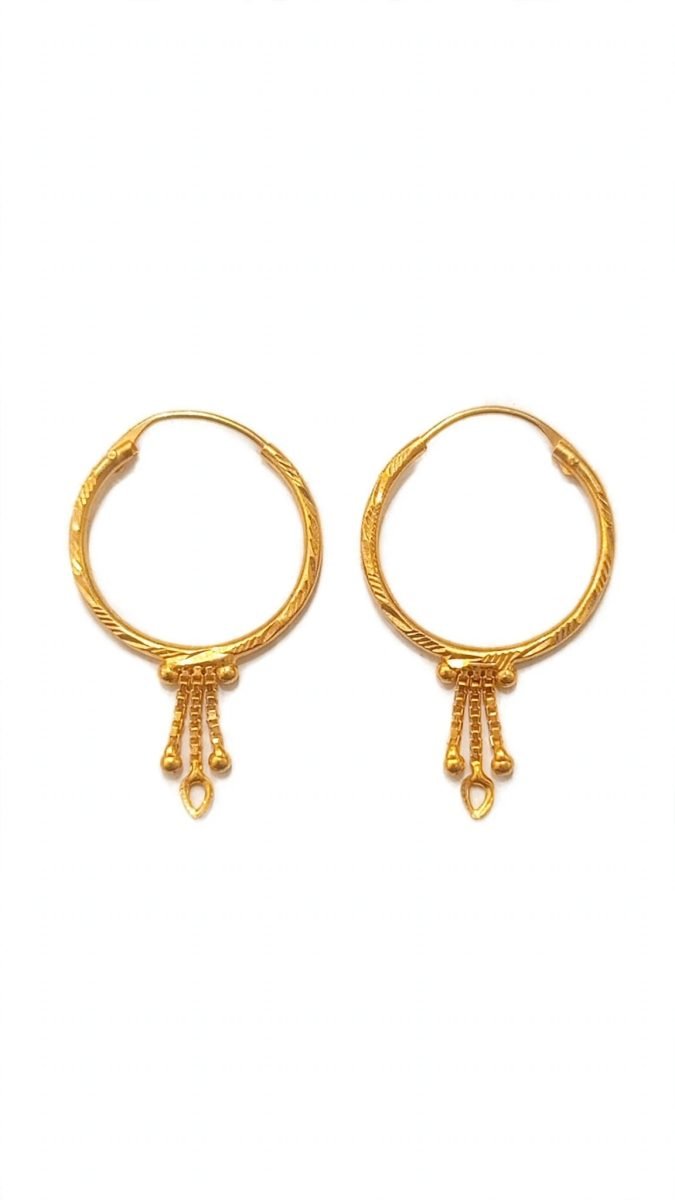 Textured Gold Hoop Earrings with Three-Strand Tassel Drop