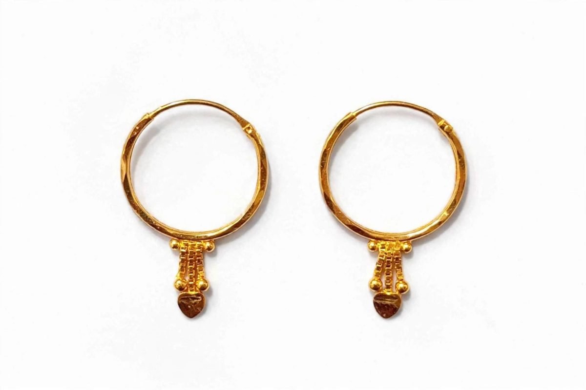 Textured Gold Hoop Earrings with Heart Charm Tassel Drop