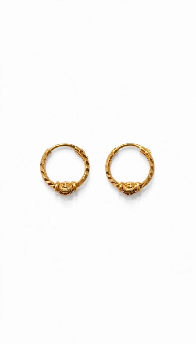 Textured Gold Hoop Earrings with Carved Bead Motif