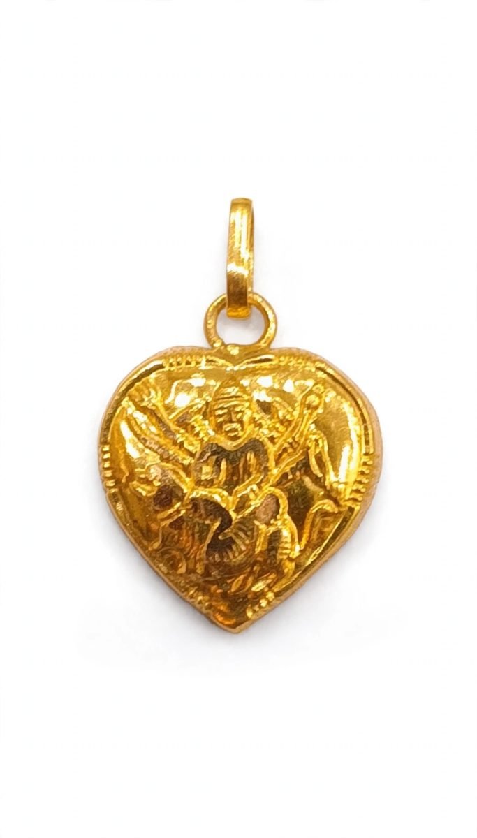 Divine Sculpted Goddess Durga Lion-Rider Heart Gold Pendant