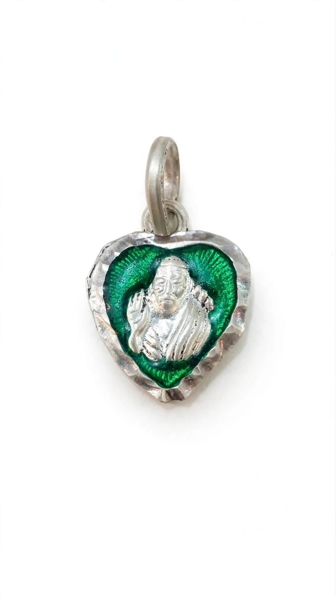 Heart-Shaped Sai Baba Green Enamel Silver Pendant