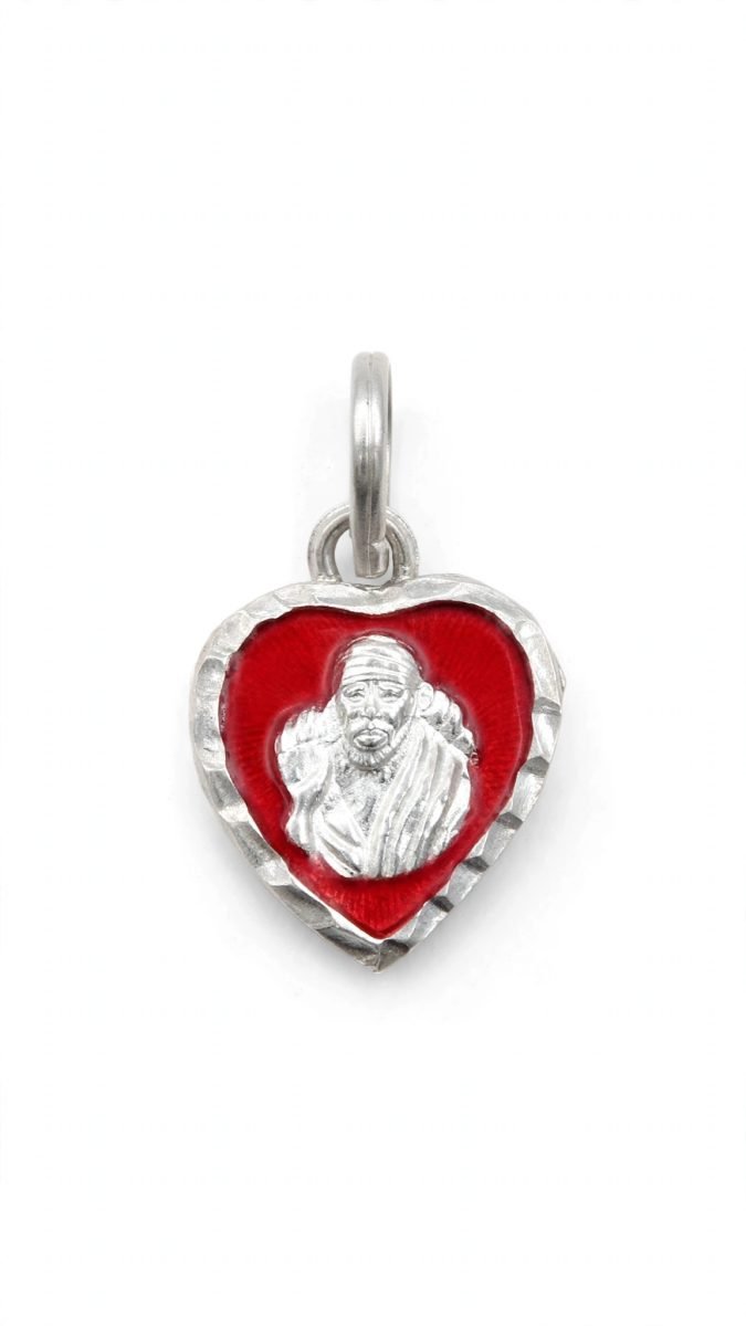 Heart-Shaped Sai Baba Red Enamel Silver Pendant