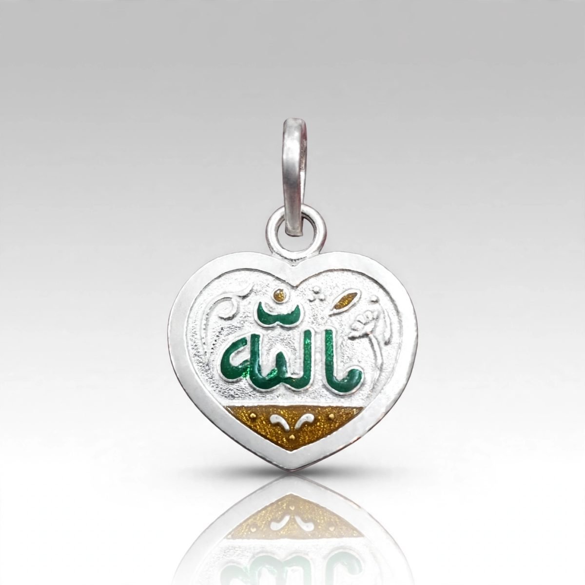 Sterling Silver Allah Calligraphy Heart Pendant with Green & Gold Enamel