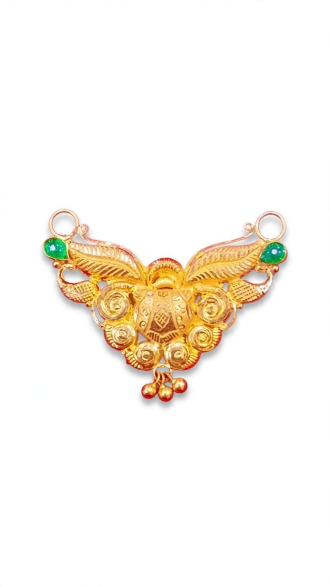 Peacock & Spiral Filigree Gold Mangalsutra Pendant with Green Stone Accents