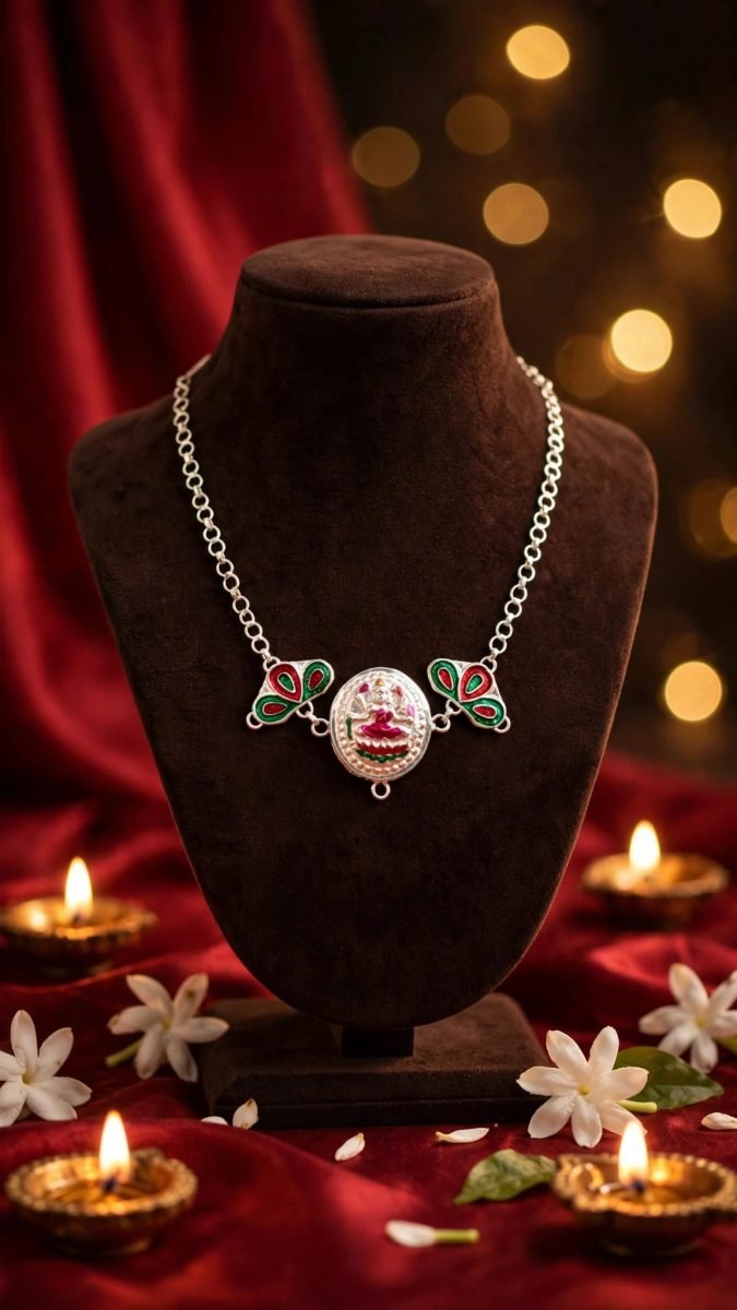 Traditional Silver Goddess Laxmi Meenakari Pendant Necklace with Floral Side Wings