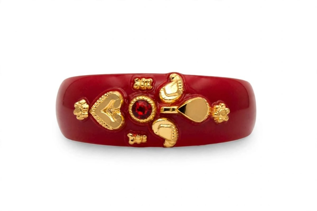 Royal Laxmi Footprint Red Meenakari Gold Band Ring