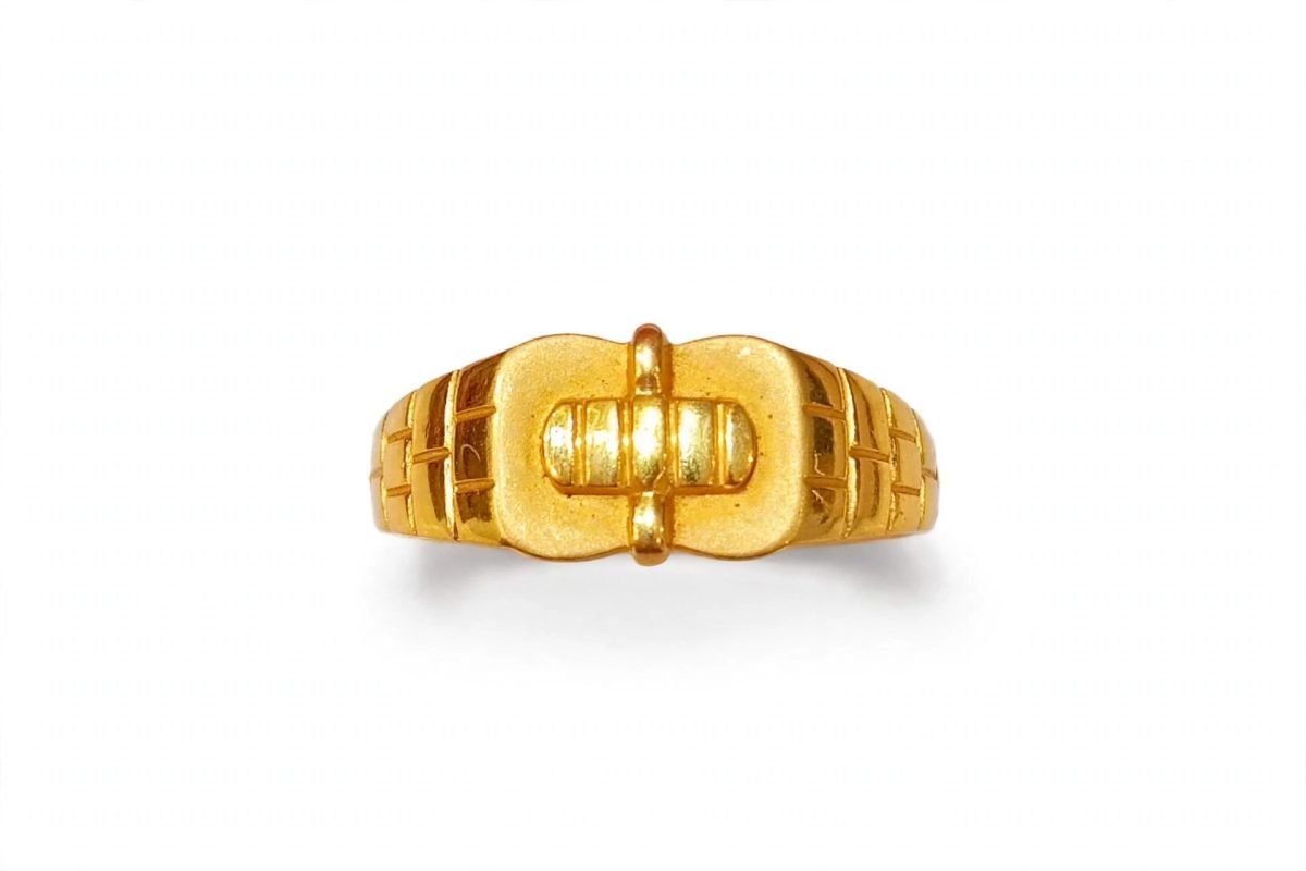 Contemporary Buckle Motif Textured Gold Band Ring