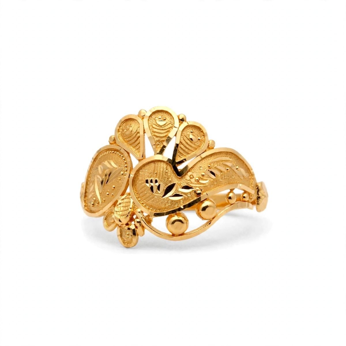 Royal Filigree Peacock Feather & Paisley Gold Cocktail Ring