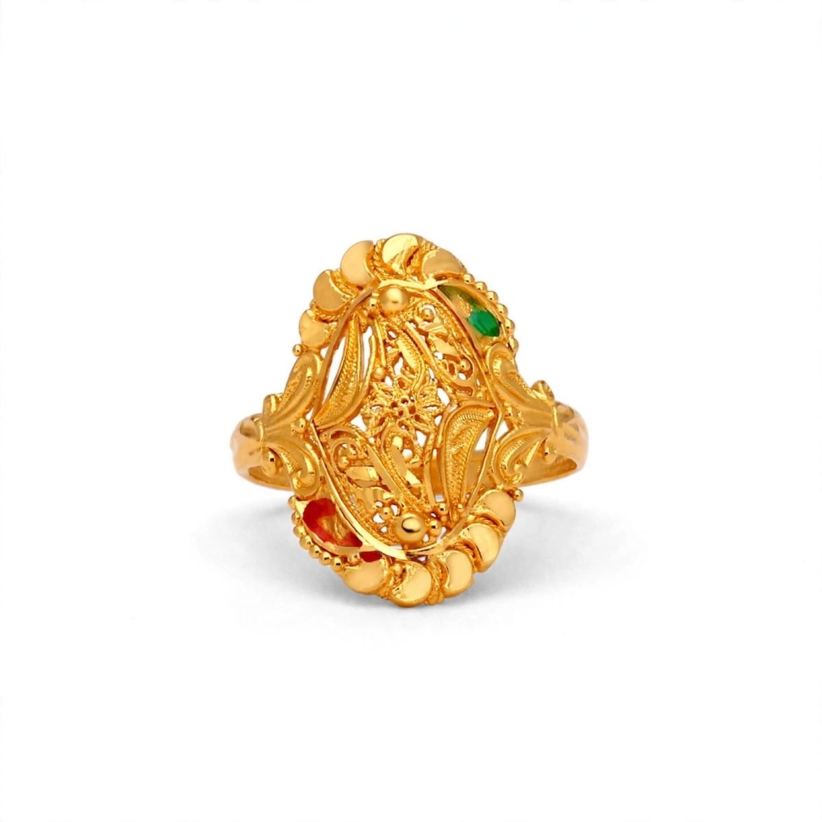 Royal Filigree Oval Gold Cocktail Ring with Red & Green Enamel Accents