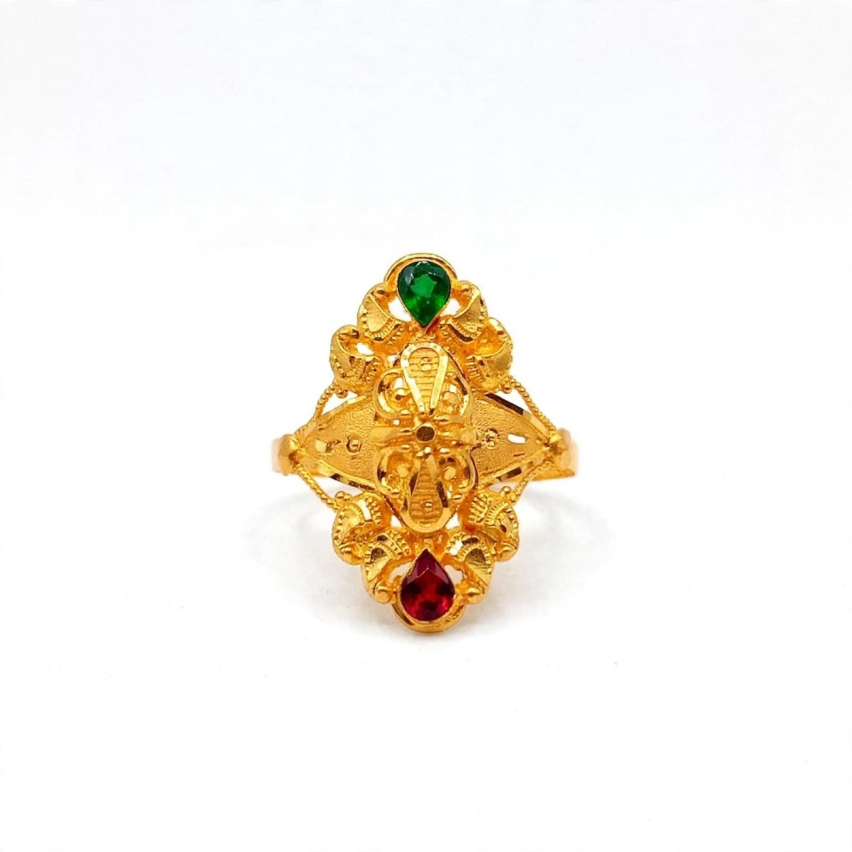 Royal Filigree Rhombus Gold Cocktail Ring with Emerald & Ruby Teardrop Accents