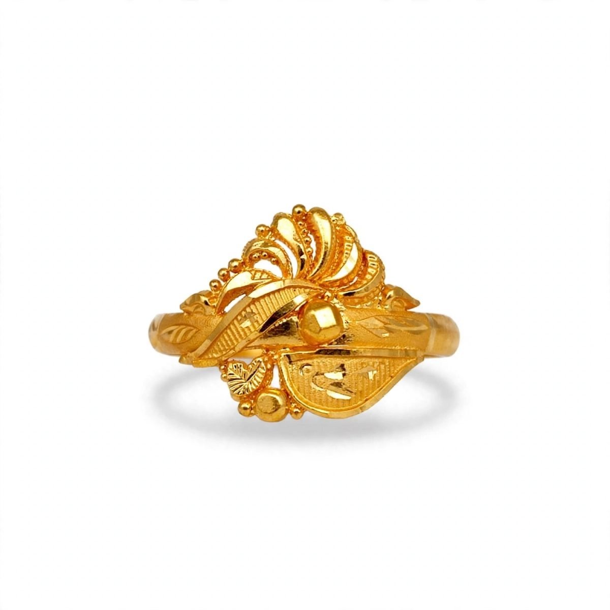 Royal Textured Floral Fan & Leaf Gold Ring