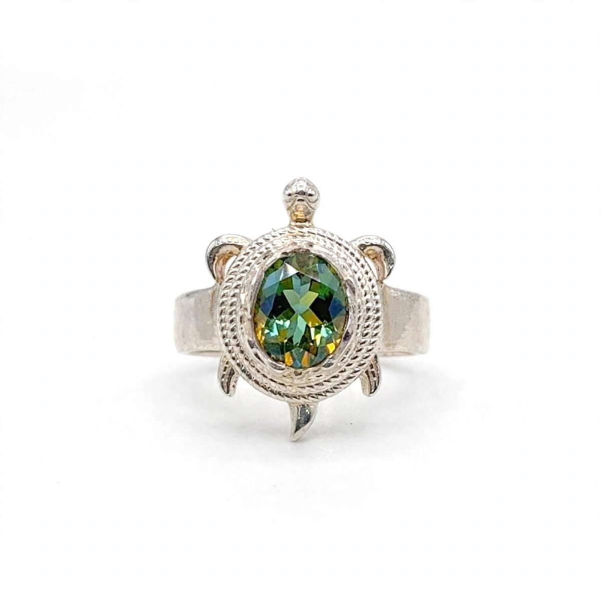 Sterling Silver Green Gemstone Tortoise (Kurma) Ring