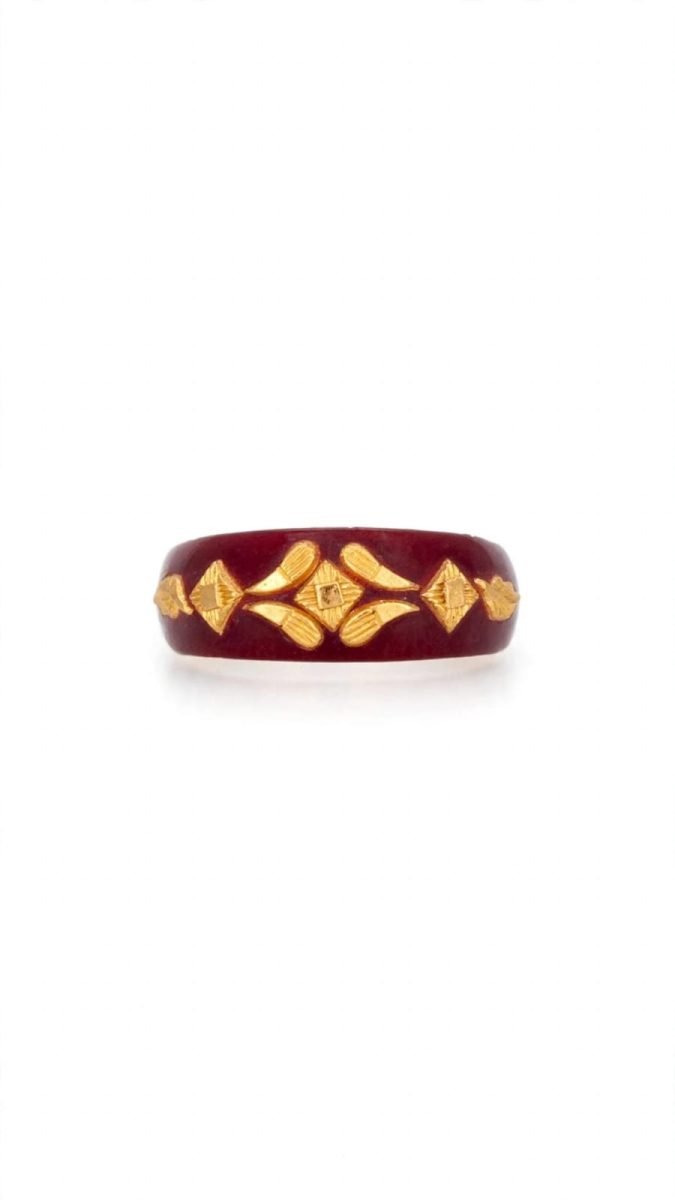 Traditional Maroon Enamel Floral Gold Band Ring