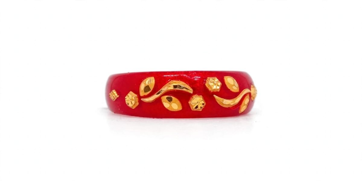 Vibrant Red Enamel Floral Vine Gold Band Ring