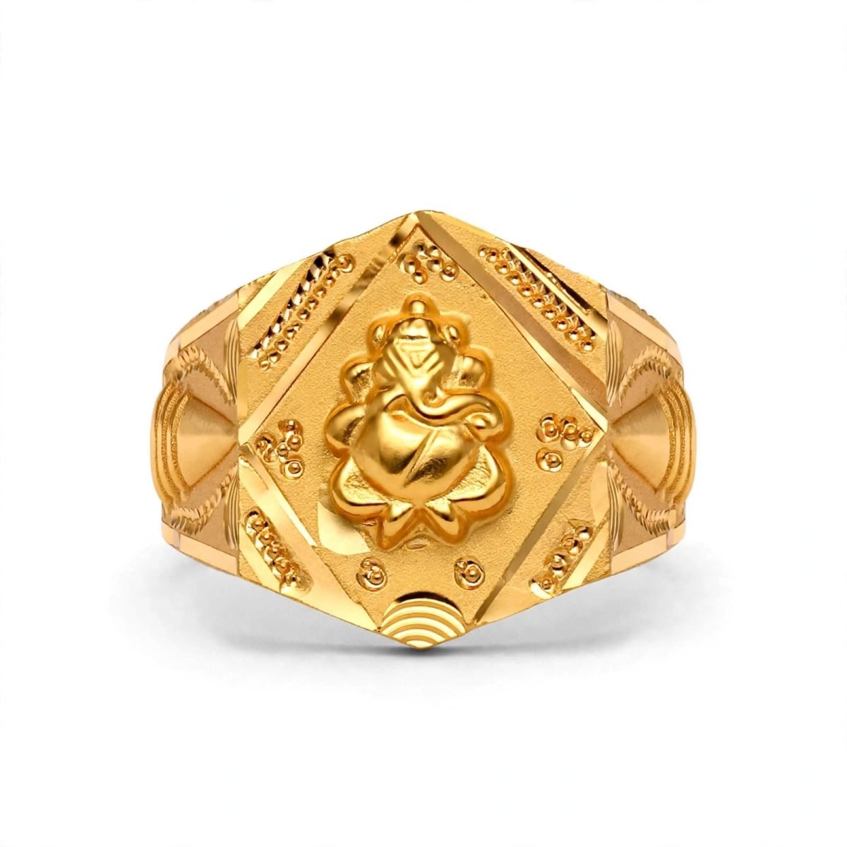Auspicious Embossed Lord Ganesha Hexagonal Signet Gold Ring