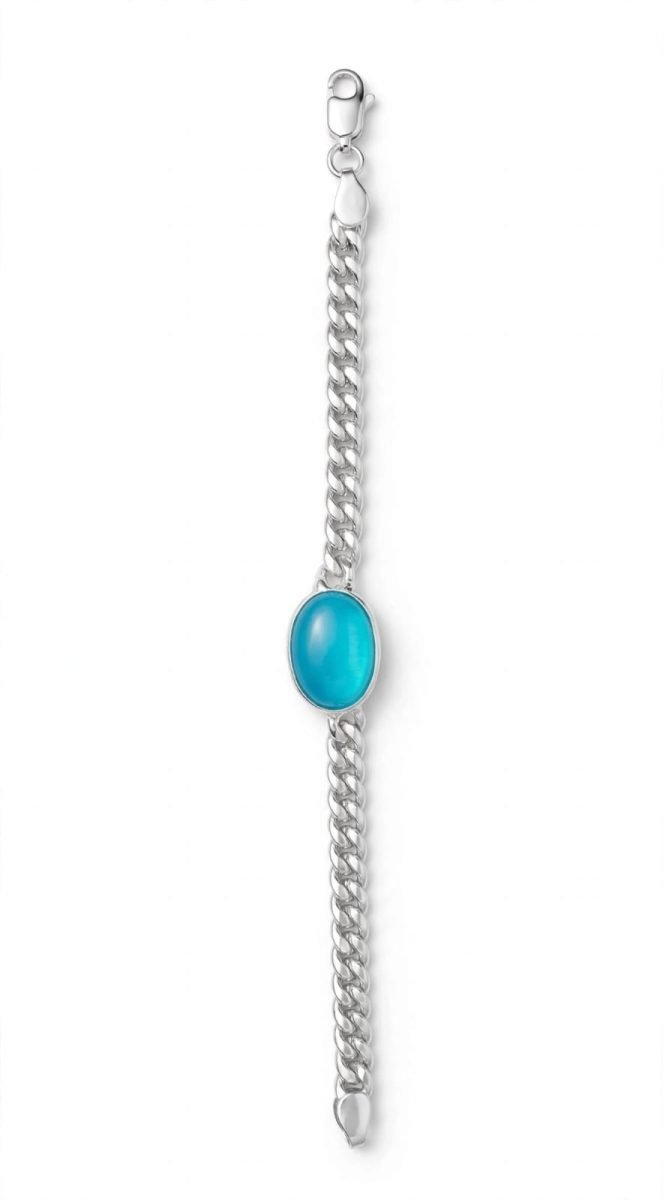 Sterling Silver and Oval Blue Opal Curb Chain Bracelet