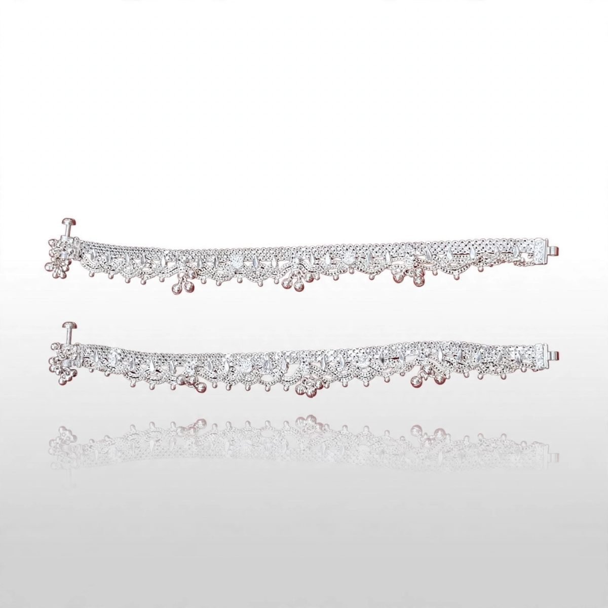 Sterling Silver CZ Cubic Zirconia Heavily Embellished Bridal Anklet Pair (Payal)