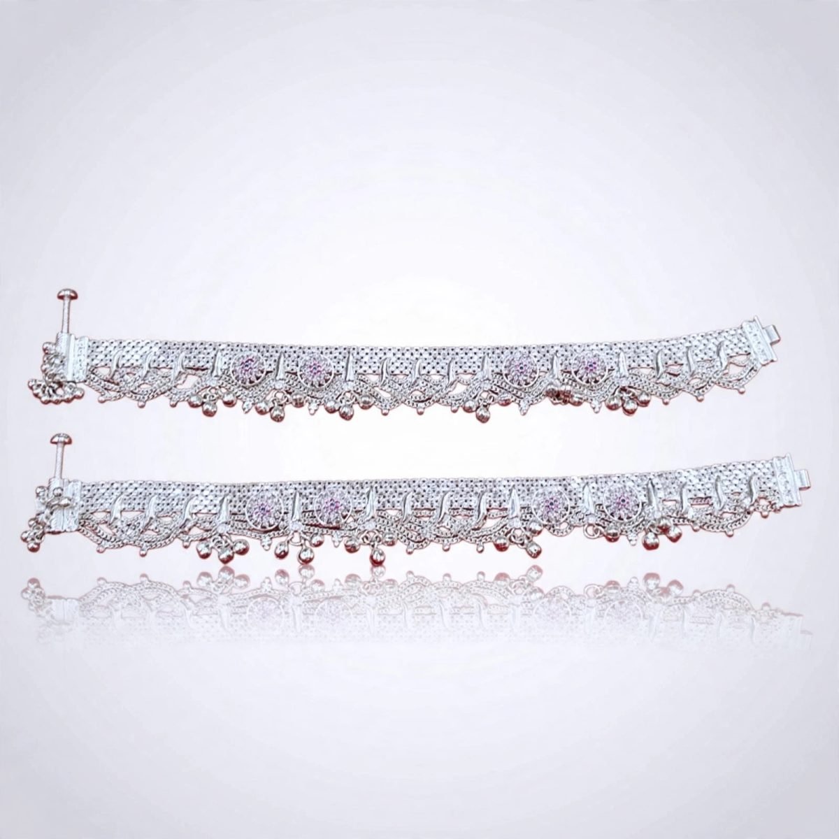Sterling Silver Pink & Clear CZ Floral Bridal Anklet Pair (Payal)