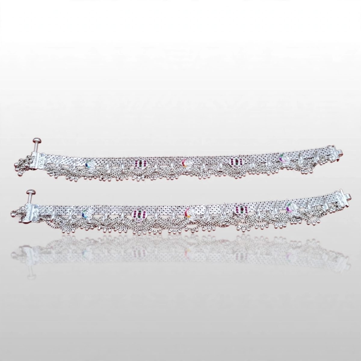 Sterling Silver Multi-Color CZ Gemstone Bridal Anklet Pair (Payal)