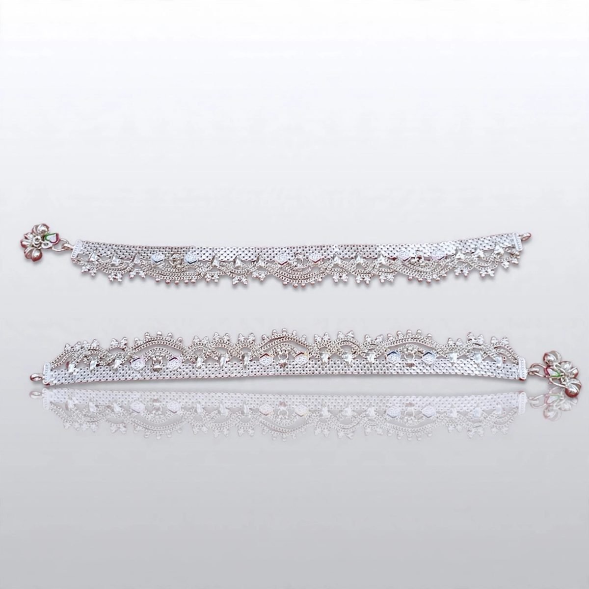 Sterling Silver CZ Cubic Zirconia Scalloped Bridal Anklet Pair (Payal)