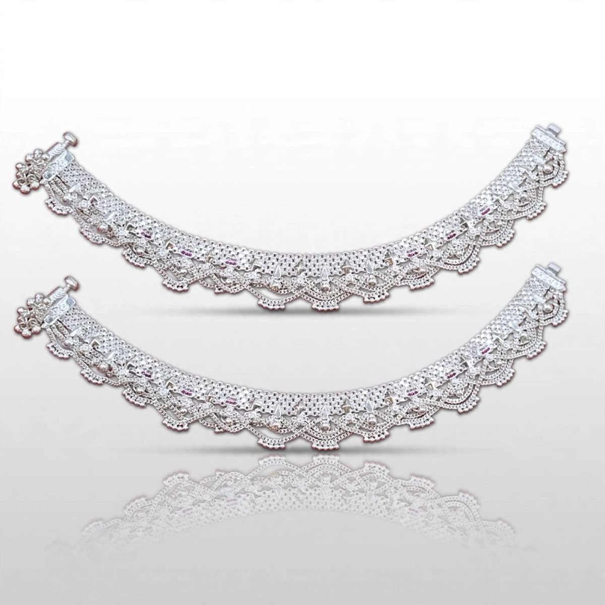 Sterling Silver Pink & Clear CZ Scalloped Bridal Anklet Pair (Payal)