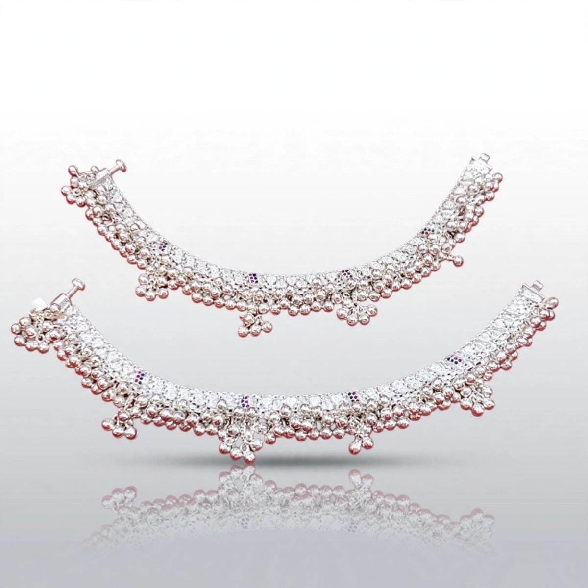 Sterling Silver Heavy Ghungroo & CZ Gemstone Bridal Anklet Pair (Payal)