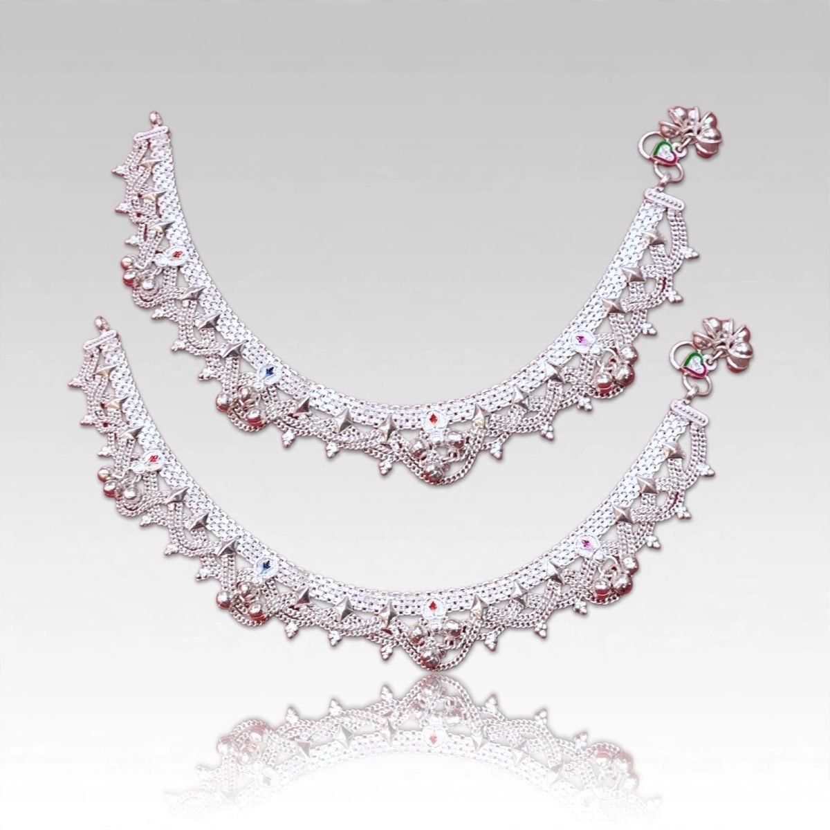 Sterling Silver Enamel Accented Lattice Bridal Anklet Pair (Payal)
