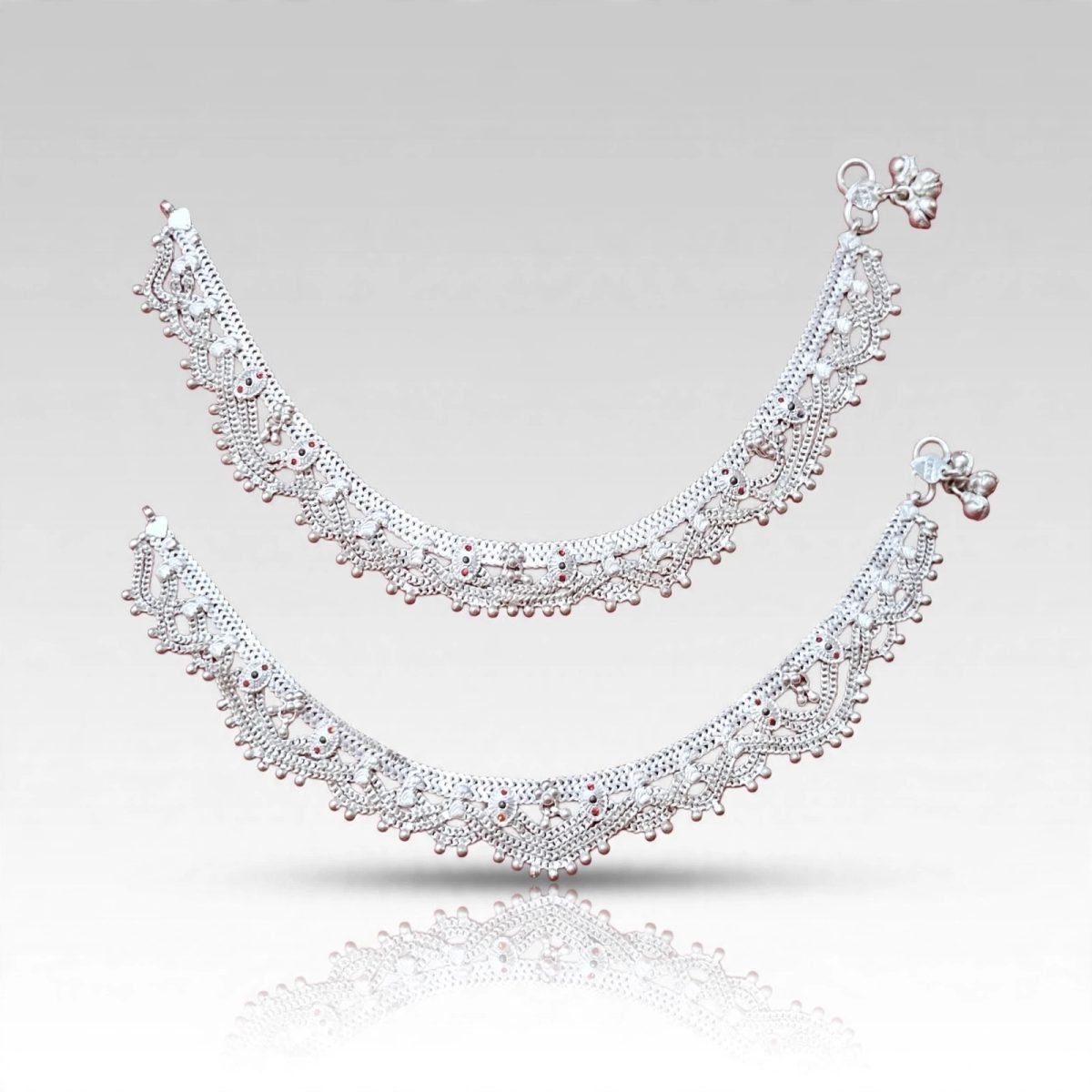 Sterling Silver CZ & Enamel Scalloped Bridal Anklet Pair (Payal)