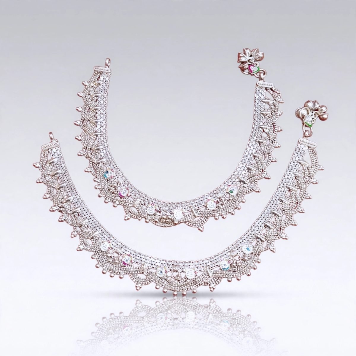 Sterling Silver CZ Gemstone & Enamel Floral Bridal Anklet Pair (Payal