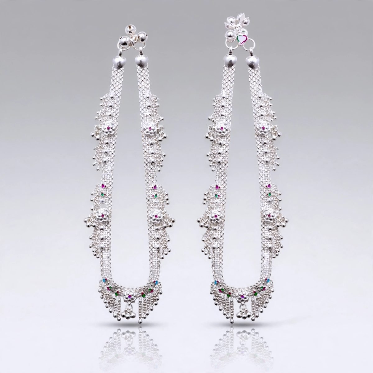 Traditional Silver Chandi Payal with Cascading Jhumki & Enamel Highlights
