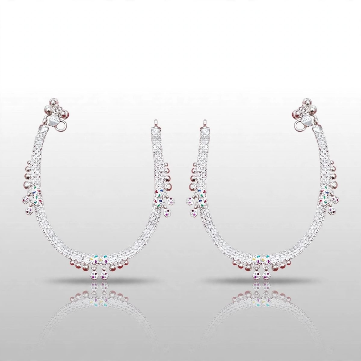 Traditional Silver Chandi Payal with Jhumka and Multi-Color Stone Accents