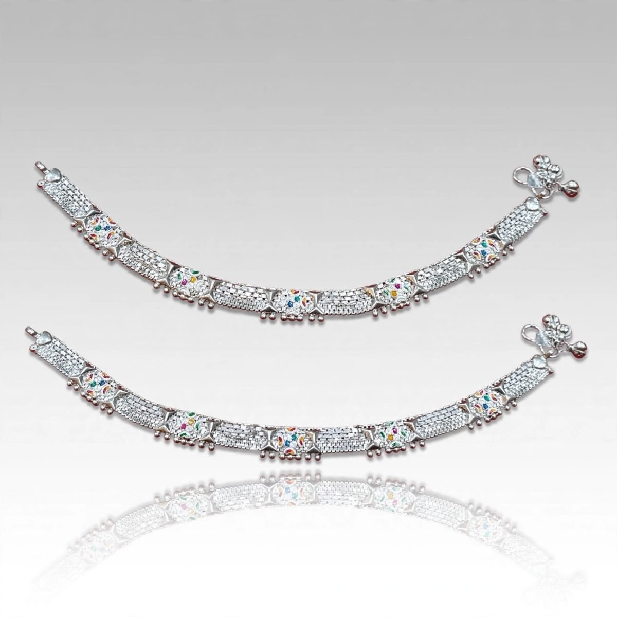 Intricate Silver Payal with Kundan and Meenakari Accents