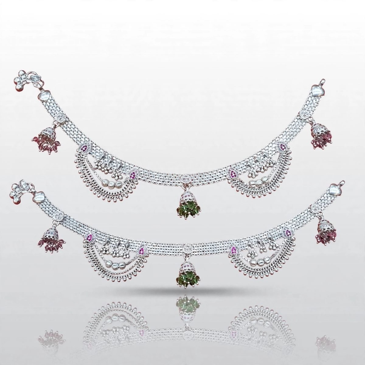 Traditional Silver Chandi Payal with Dangling Jhumka Charms & Pink Accent Detail